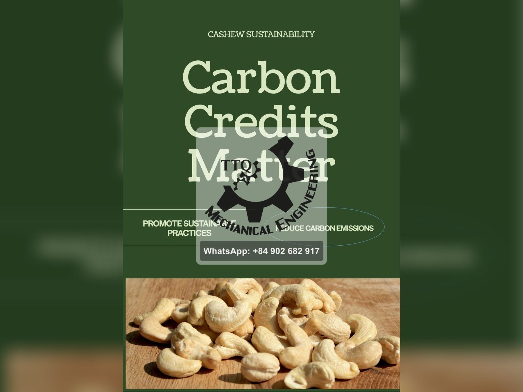 A cashew sustainability notice on carbon credits — promote sustainable practices, reduce carbon emissions