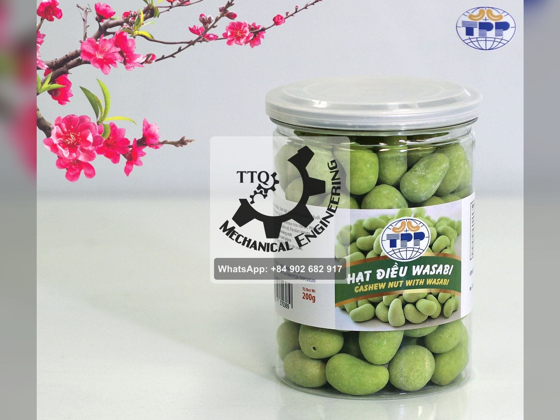 Pot de détail de 200 g d’amandes de cajou enrobées au wasabi, en photo produit
