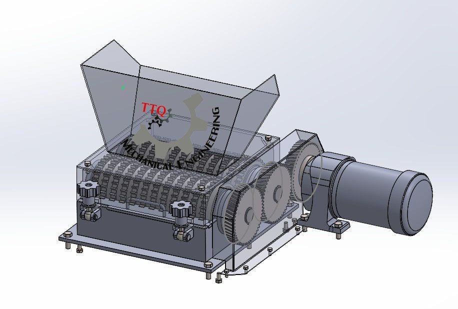 Conjunto CAD del rotor de cubeteado TTQ: dos ejes dentados, engranaje y motor